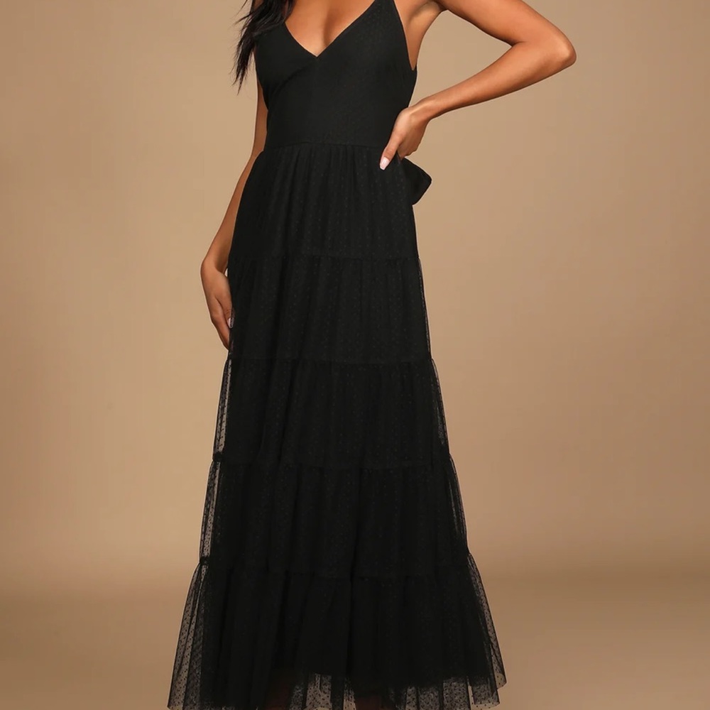 Lulu’s ‘Made to be Magical Black Dotted Tie-Back Tiered Midi Dress’